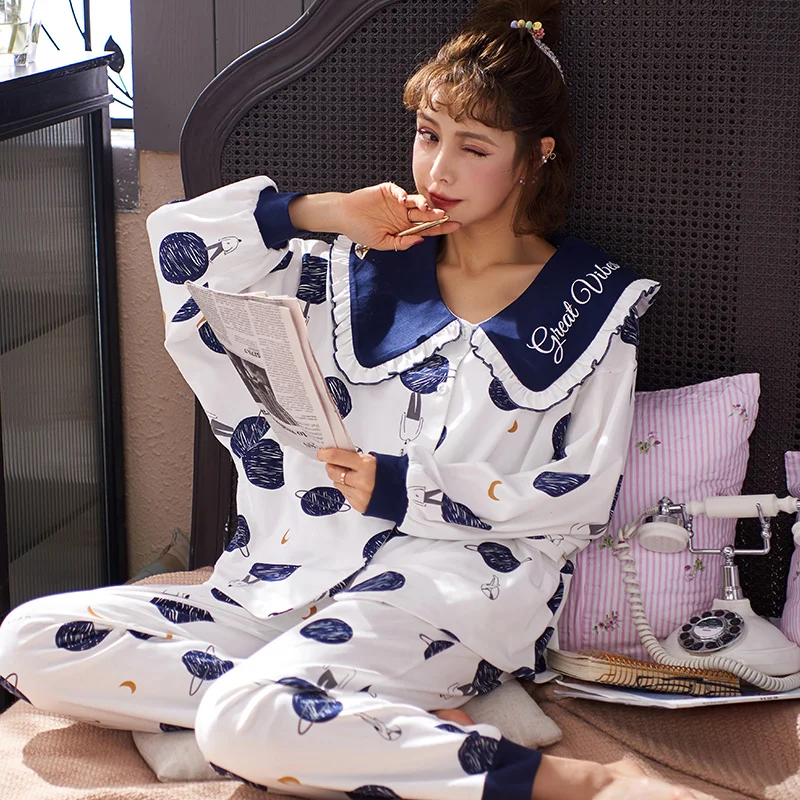 

JRMISSLI New Arrival Autumn 100% Cotton Cartoon Female Pyjamas Round Neck Casual Loose Plus Size M-XXXL Women Pajamas Set