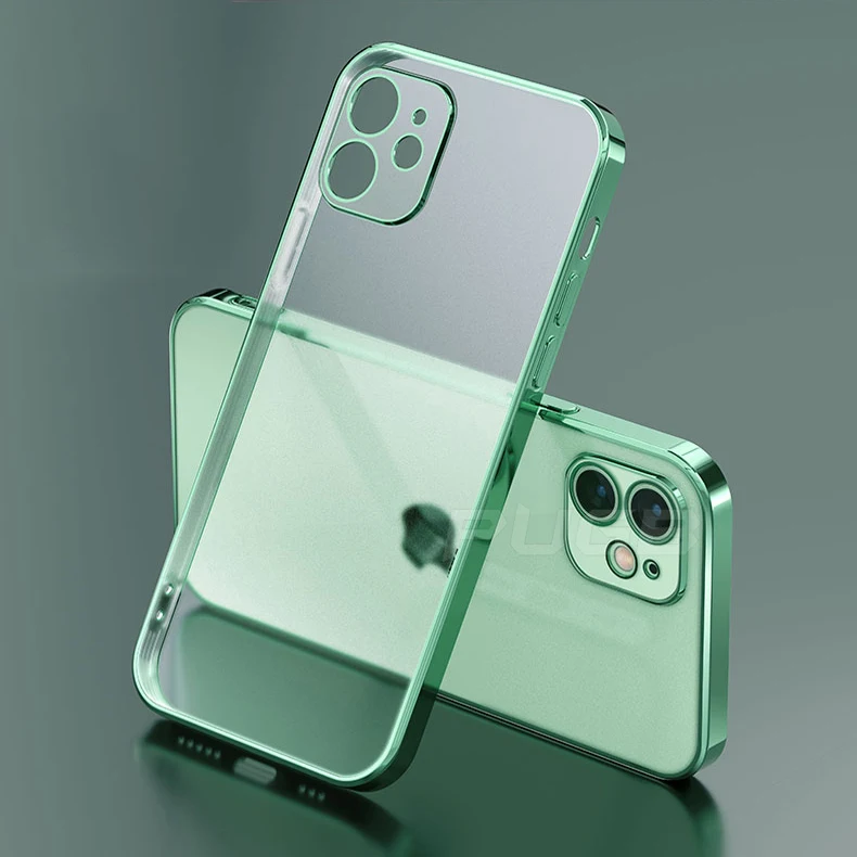

Transparent Cover Luxury Plating Square Frame Matte Soft Silicone Case for iPhone 11 12 Pro Max Mini XR X XS 7 8 Plus SE 2020