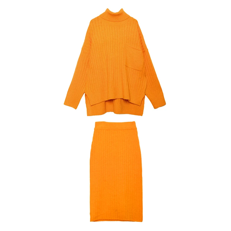 [EAM] Half-body Skirt Knittng Big Size Two Pieces Suit New Turtleneck Long Sleeve Loose Women Fashion Spring Autumn 1K341 - Color: orange