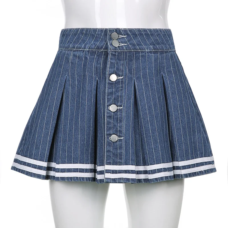 

ALLNeon Kawaii Streetwear Y2K Striped Blue Denim Pleated Skirts Cute 2000s Vintage High Waist Single-breasted Micro Skirt Retro