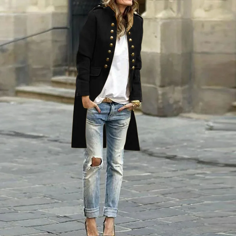 

Женское двубортное пальто, длинное винтажное пальто с воротником-стойкой, на осень и зиму, 2020