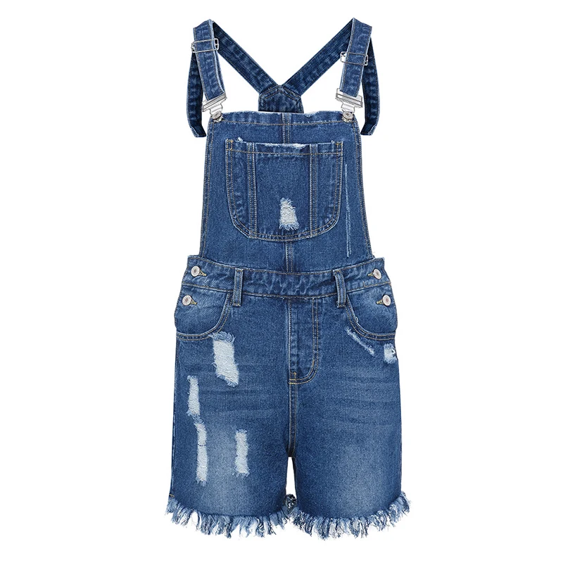 

Women's Fashion Ripped Short Overalls Frayed Hem Adjustable Denim Bib Overall Shorts Romper