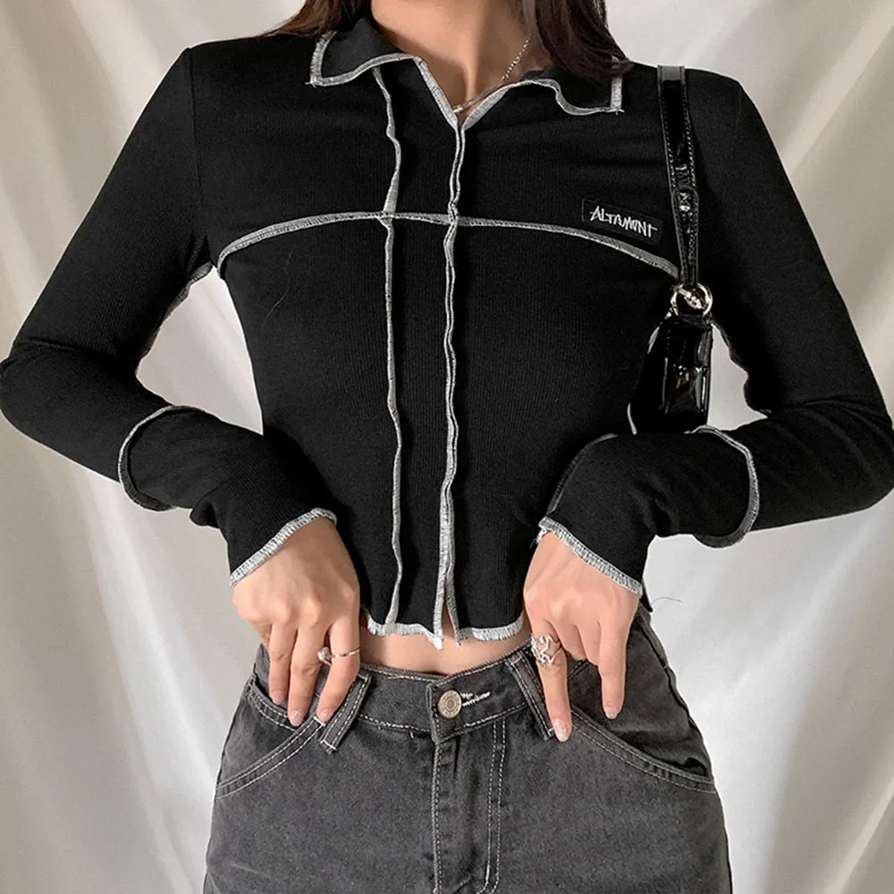 

Women's Niche Level Design Sense Open Line Lapel Collar Slim Bottoming Shirt Ins Wind Distressed Long-sleeved Trendy T-shirt