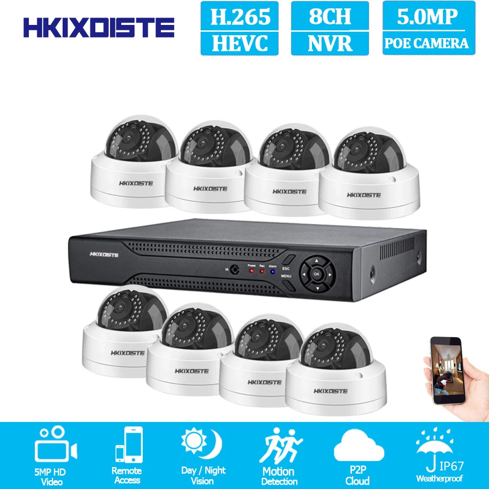 Бежевый H.265 5MP POE NVR аудио в системе 8 шт. 48 в супер 2592X1944 Купольные Камеры видеонаблюдения комплект Onvif 8CH видеонаблюдения сетевое записывающее устройство в комплекте - Цвет: Бежевый