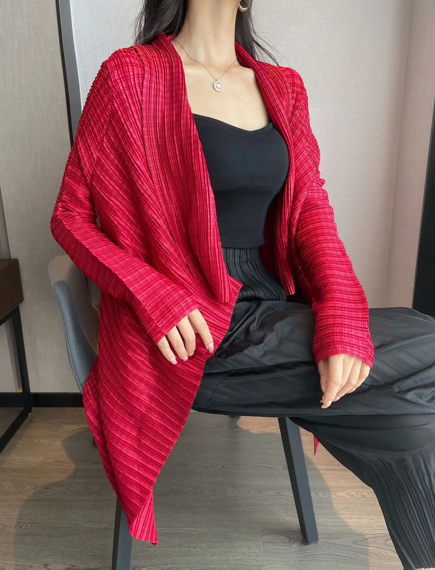

2021autumn new style long-sleeved red outer cape women trench coat Miyak fold Large size cloak heavy industry irregular cardigan