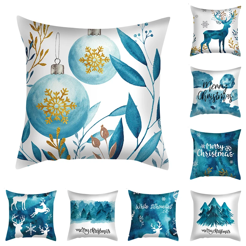 

Christmas Printed Pillowcase Blue Peach Skin Comfortable Pillowcase Simple All-match Square Pillow Cover Christmas Gifts
