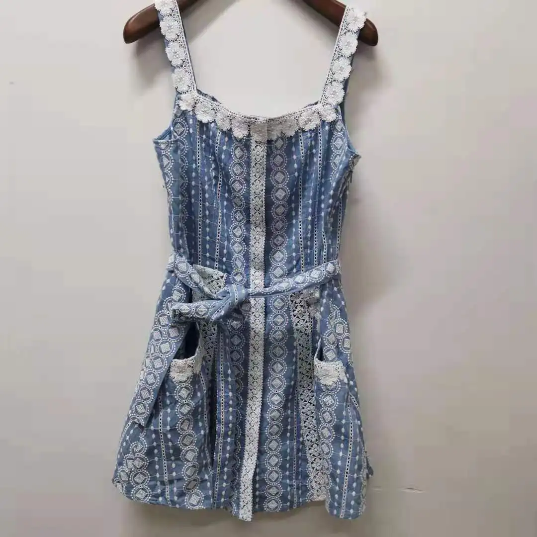 

Women Blue Sleeveless Playsuits Lace Hollow out Square Collar Ladies Sling Rompers 2021 Spring Summer with Sashes and Pockets