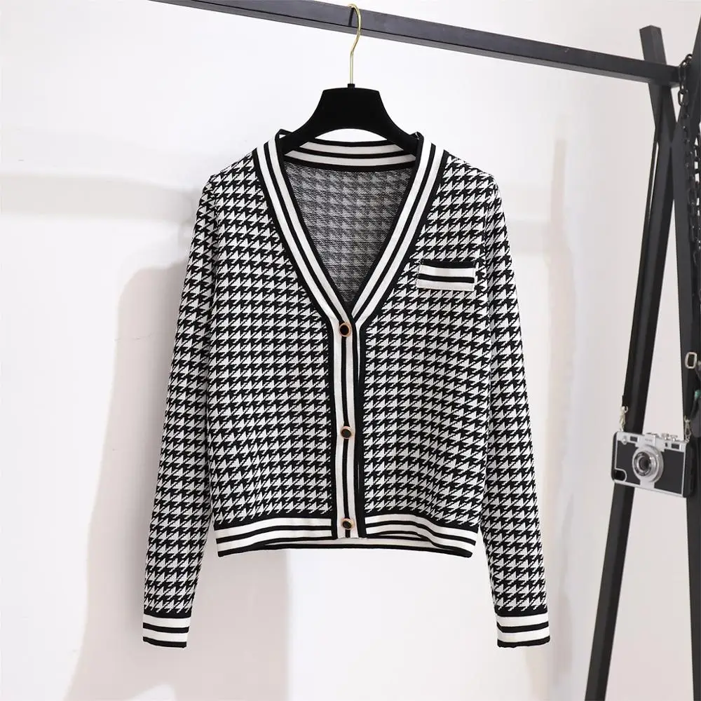 Plaid Knit Two Piece Suit Women Set Wide Legs Pants Outfits Long Sleeve V Neck Houndstooth Cardigans Woman's Knitted |