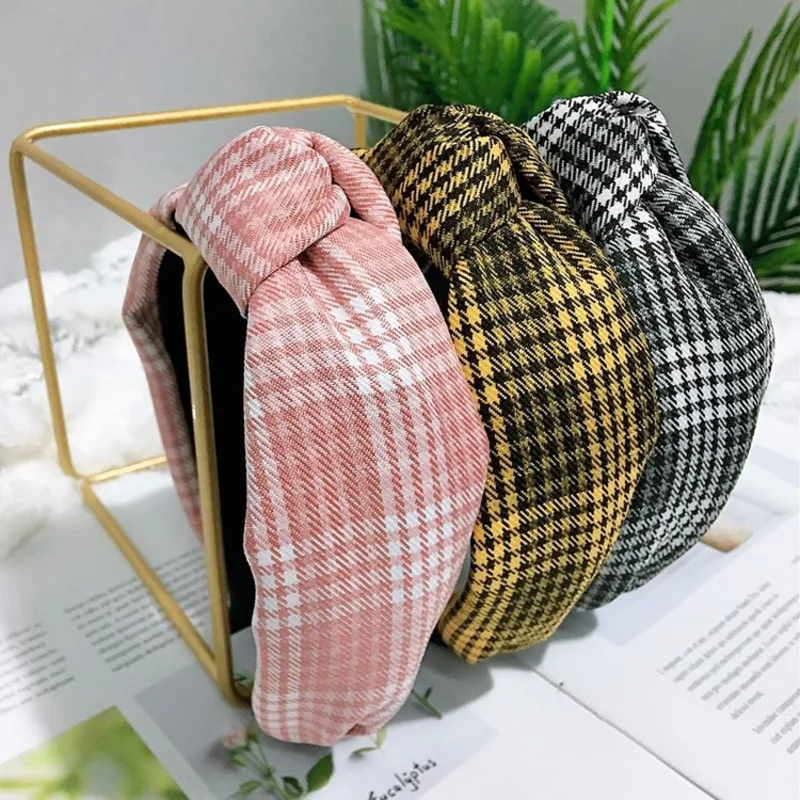 

Fashion Hair Accessories Women's Retro Middle Knotted Hair Band Fabric Sweet Plaid Wide-brimmed Hairband Headband Headwear Girl