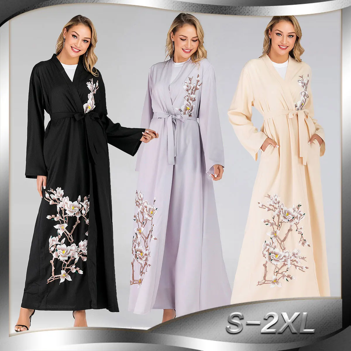 2019 New Middle Eastern National Costume Fashion Muslim Style Cardigan Embroidery Long Sleeve Slim Robes for Woman | Тематическая