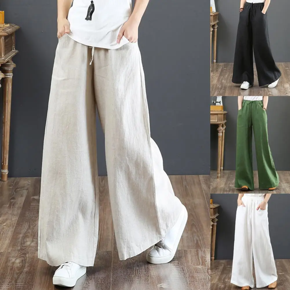 

Casual Women Solid Color Wide Leg Pants High Waist Pockets Loose Long Trousers Cotton Pants Women Office Women Pants 2021