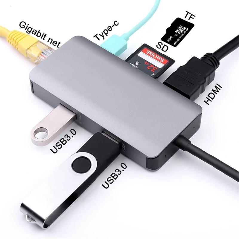 7 в 1 Usb концентратор многопортовый 3 type C к Hdmi 0 Rj45 Sd/Tf кардридер зарядка PD адаптер