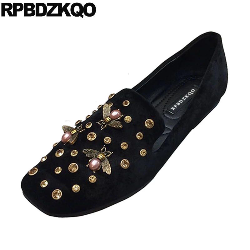Фитнес Diamond Rhinestone Черный Кристалл Квадратный Toe Bee Дамы Красивые Квартиры Обувь Китайские Мокасины Весна Осень Замша Женщины