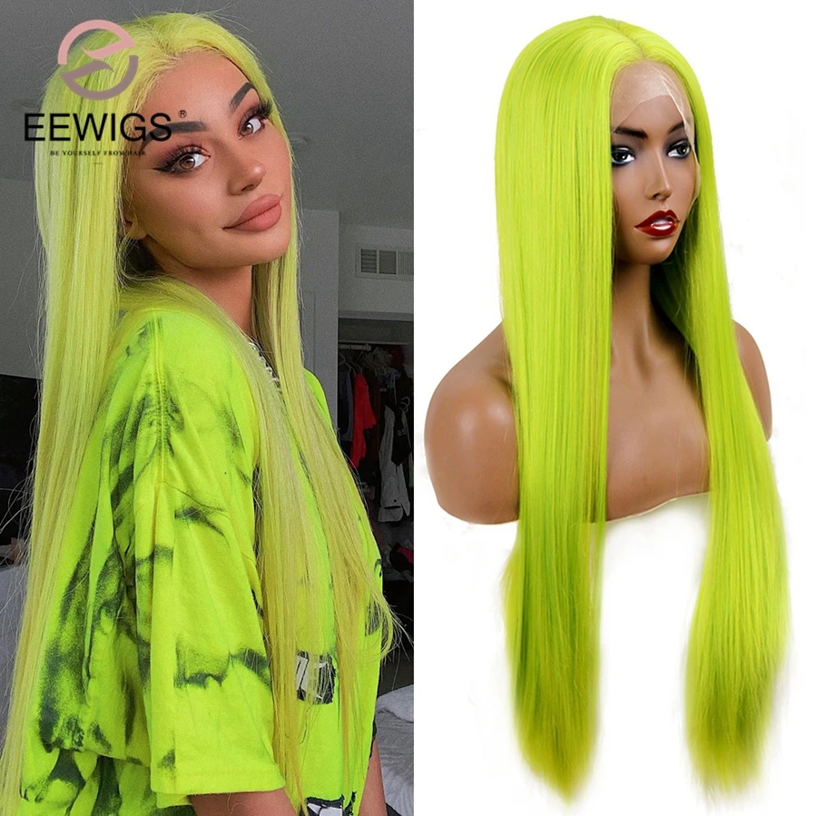 

EEWIGS Glueless Long Straight Lace Wig High Temperature kylie Jenner Style Wig Neon Green Synthetic Lace Front Wigs For Women