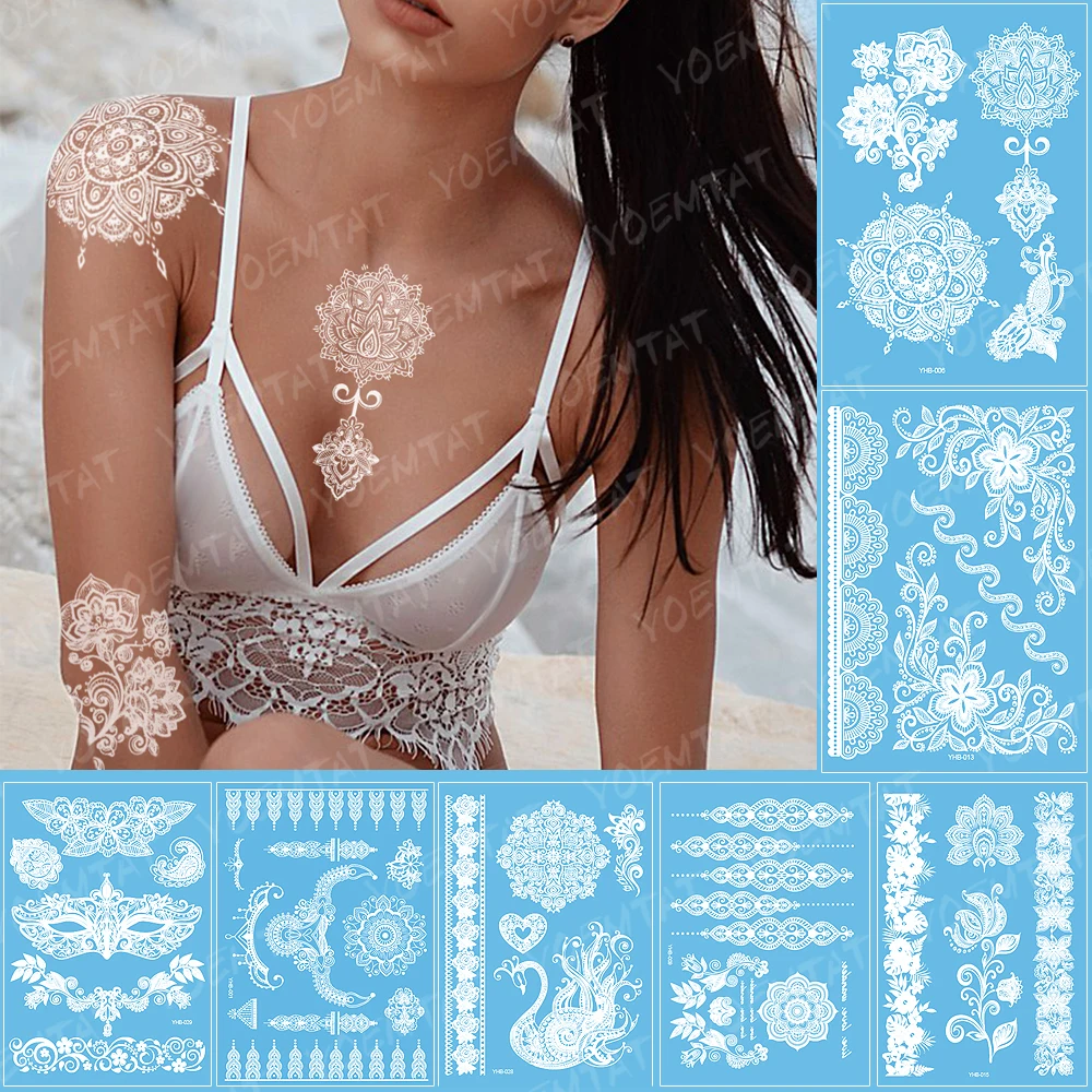 

Waterproof Temporary Tattoo Sticker Mandala Flower White Henna Flash Tatoo Arabian Indian Butterfly Body Art Fake Tatto Female