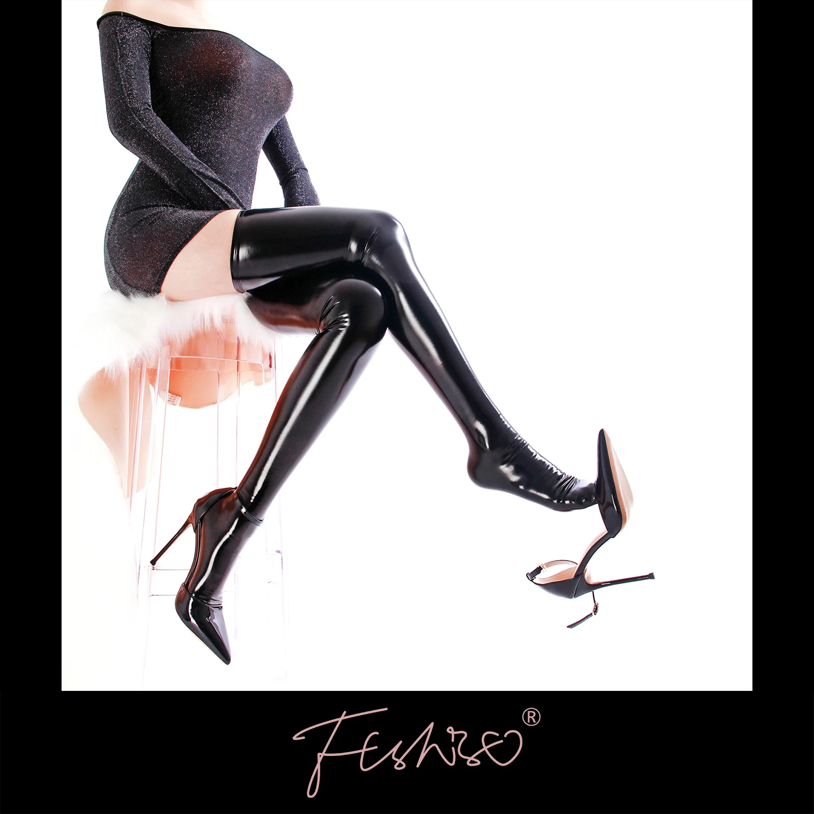 Ftshist Sexy Wetlook Tight-Highs Stockings Shiny Metallic Elastic Over-The-Knee Patent Leather Socks Latex Fetish Accessories