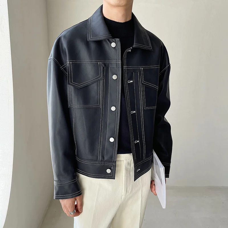 

SYUHGFA Men's Clothing Black PU Leather Jacket Moto & Biker Style Short Coat 2022 New Spring Single Breasted Jackets For Male