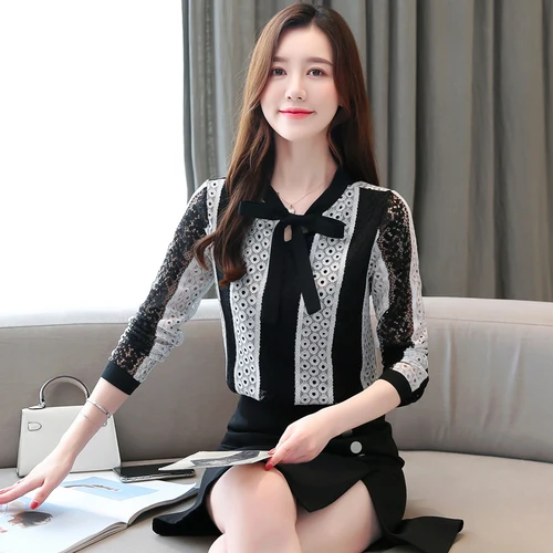 Blusas Mujer De Moda, осенние модные женские Кружевные блузы с длинным рукавом и бантом, женские топы, Повседневная корейская модная одежда 6383 50 - Цвет: Черный