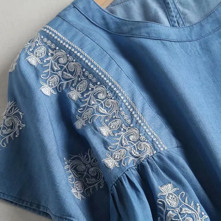 Блузка женская джинсовая с вышивкой Повседневная Свободная рубашка коротким