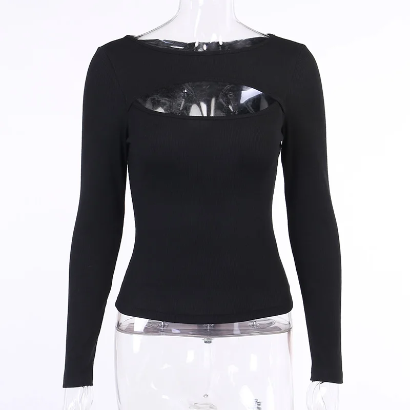 

Fashion Black Hollow Out Sweater Crop Top Y2K Punk Tee Shirts For Women Gothic Streetwear Sexy Club Clothes Top Long Sleeve Top