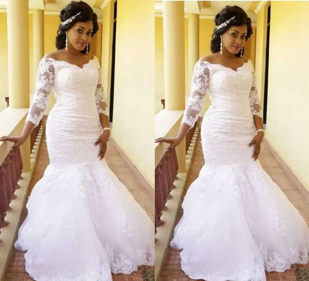 

Vintage African Mermaid Wedding Dresses Illusion Long Sleeve V Neck Lace Appliques Bridal Gowns Vestidos De Mariage