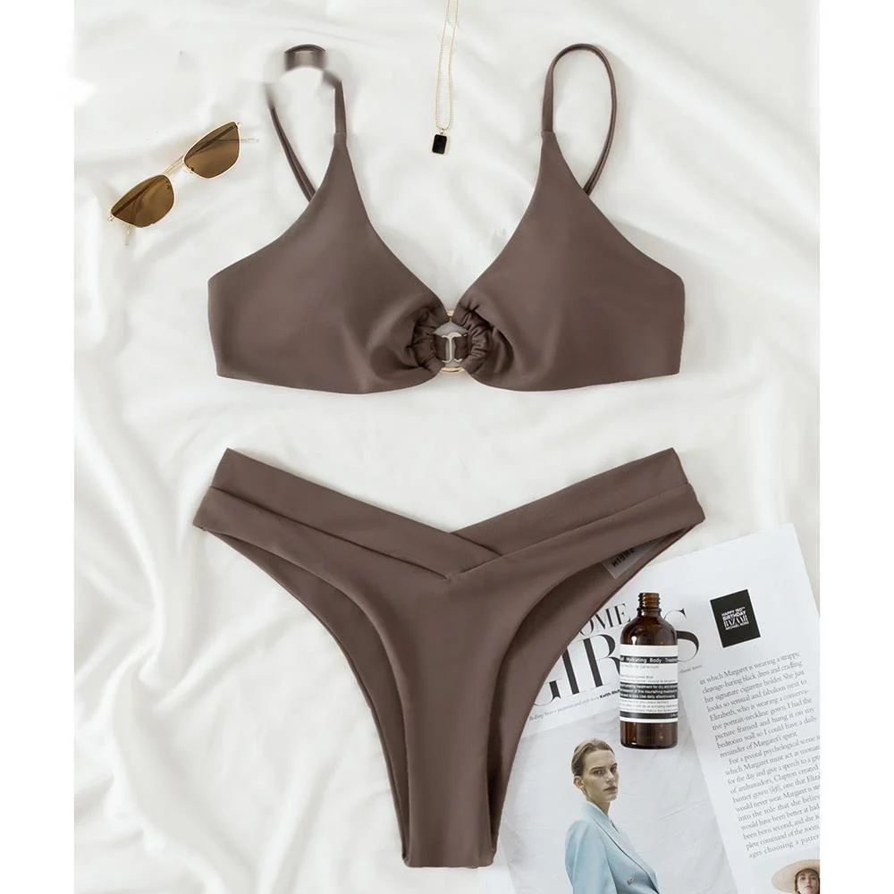 Push Up Bikini Set Solid Swimwear Women Hollow Metal rings Swimsuit High Cut Bathing Suits Sexy Biquini Beachwear | Женская одежда