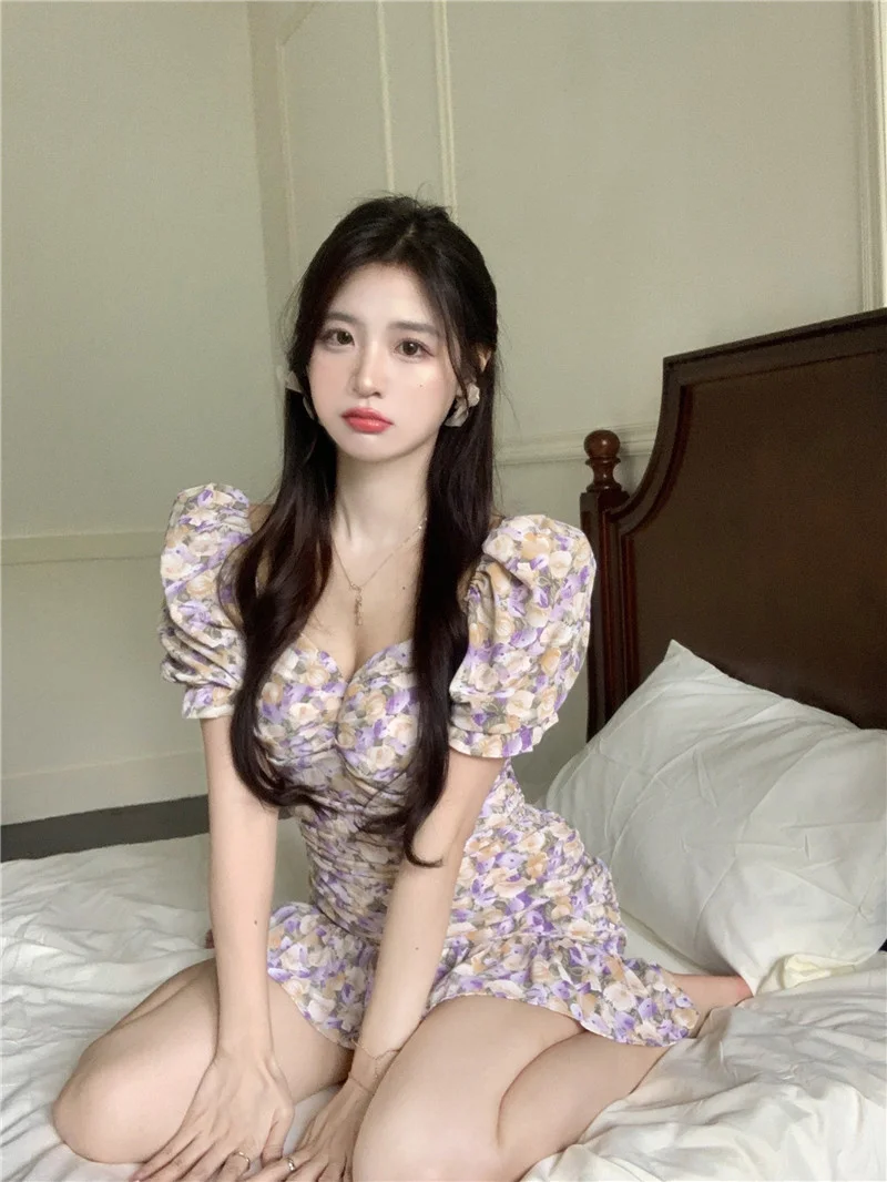 

Женское шифоновое платье с оборками, фиолетовое короткое платье во французском стиле, лето 2021