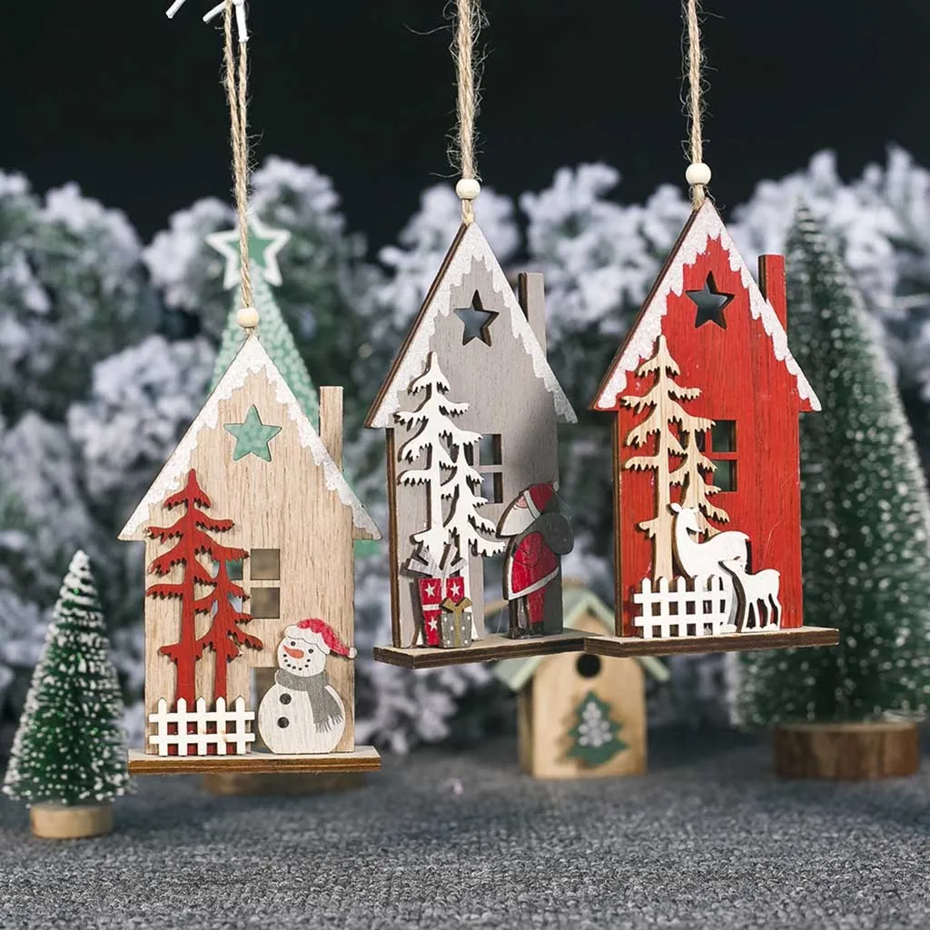 House Shaped Christmas Tree Hanging Pendant Wooden Small Christmas Ornaments Noel Natale Kerst Adornos de Navidad Natal#jink