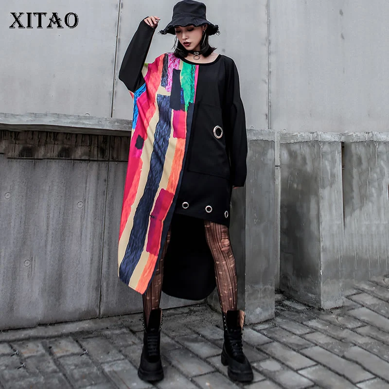 Женское асимметричное платье средней длины XITAO черное с карманами в Корейском