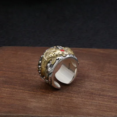 

925 Sterling Silver Vintage Lucky Fish Opening Ring Jewelry