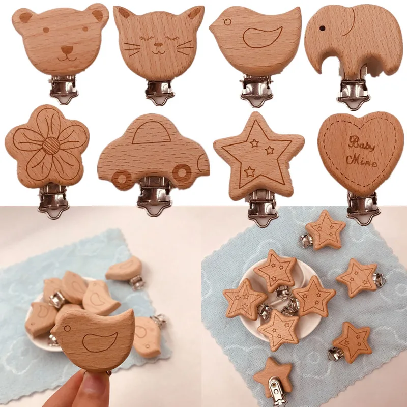 

8 Pcs Wooden Pacifier Clips Cartoon Baby Teether Safety Clasp Holder DIY Nipple Chain Toys Accessories
