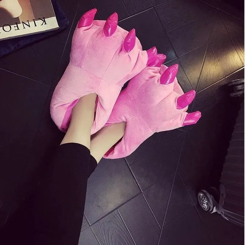 Зимние домашние тапочки с когтями динозавра Плюшевые для женщин и мужчин Обувь