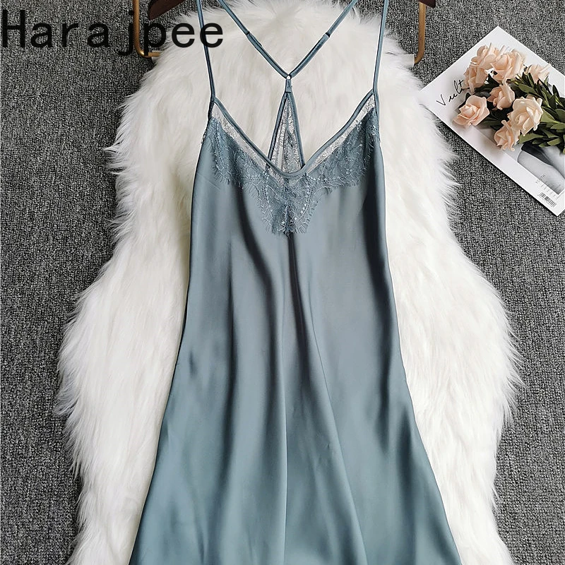 

Harajpee New Pajamas Women's Summer Silk Camisoles Sleepwear Dress with Lace Patchwork Sexy Beautiful Backless Nightdress 2021