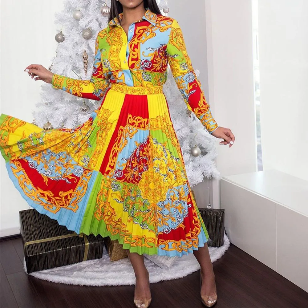 vintage women printed high waist dress spring 2021 Party Dinner pleated midi robe femme vestiods office lady retro african New |