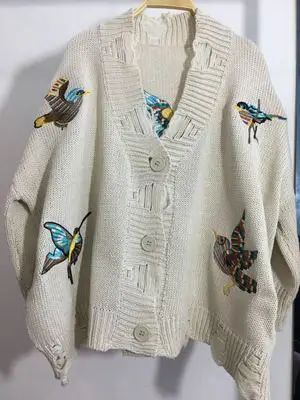 Новинка 2019 Женский вязаный хлопковый желтый свитер с вышивкой птицы Harajuku одежда