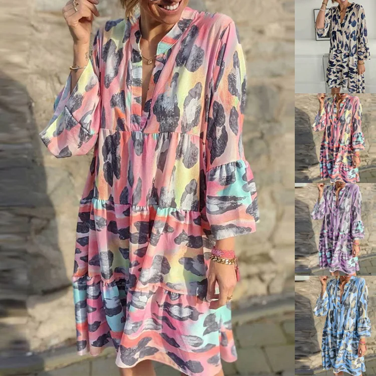 

WEPBEL Dress Women's Casual Printed Loose Wrist Sleeve Dress Summer Fashion V-neck Stitching Flying Sleeve Pleated Dress