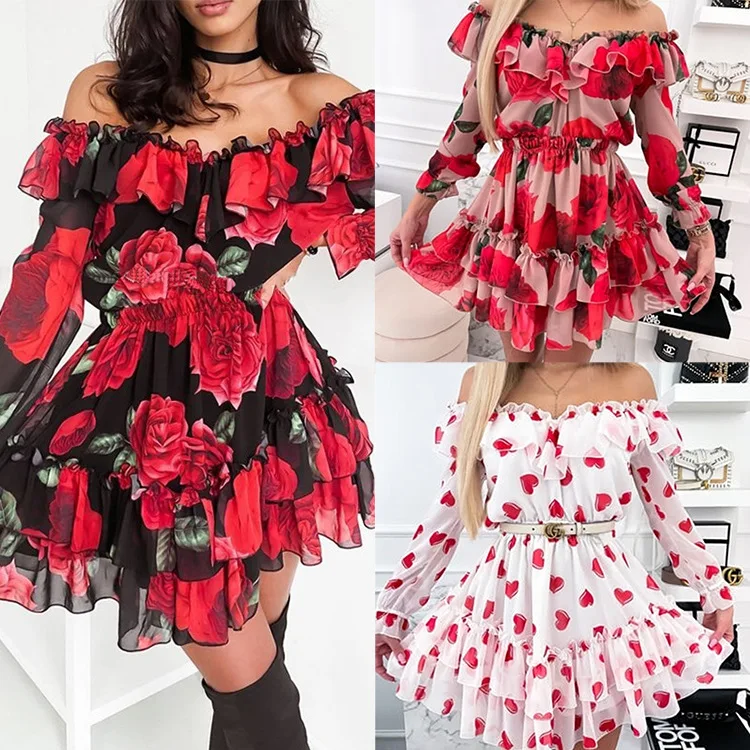 

2022 new style temperament printing one-shoulder long-sleeved cake skirt dress women