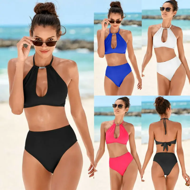 Женский купальник с высокой талией однотонное бикини открытой спиной черный