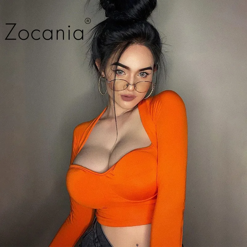 

Solid V Neck Women's Summer T-shirt Sexy Midriff Crop Top Casual Fashion Long Sleeve T-shirts Short Tee Shirts for Female 2021