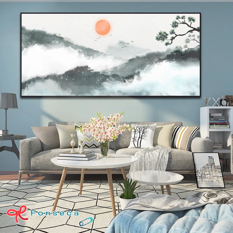 Картина на холсте с изображением восхода солнца и гор в китайском стиле