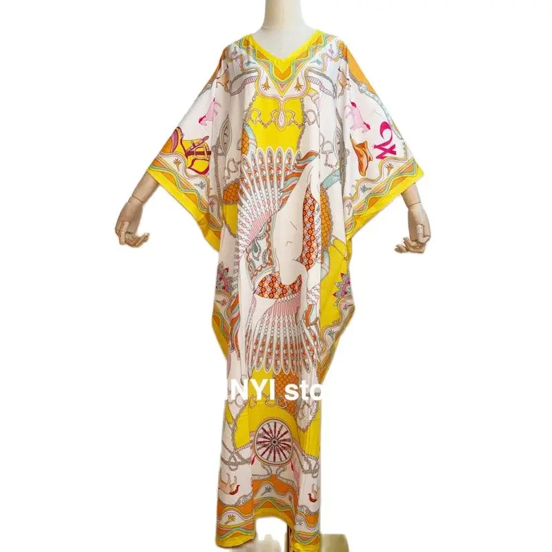 

2021 New Autumn Bohemian Print Women's Dress Women Batwing Sleeve Floor Length Over Size Elegant V Collar Clothes