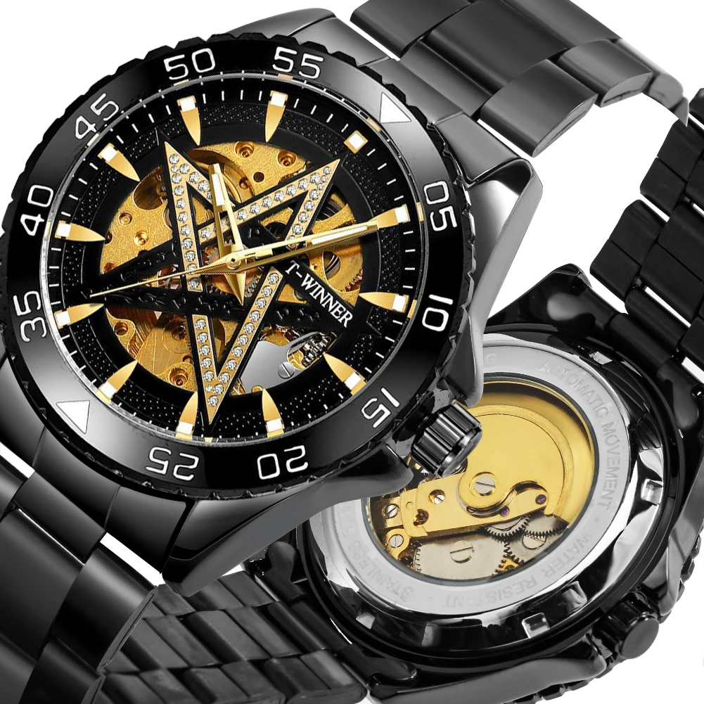 

Часы-скелетоны Winner Мужские механические, водонепроницаемые брендовые Роскошные автоматические, с пятиконечной звездой, со стальным ремешк...