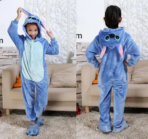 Blue Stitch Onesie/Детская Пижама кигуруми с единорогом; зимняя Пижама с пандой; Пижама с единорогом для мальчиков и девочек; Фланелевая пижама с животными для костюмированной вечеринки; одежда для сна с капюшоном - Цвет: Blue Stitch