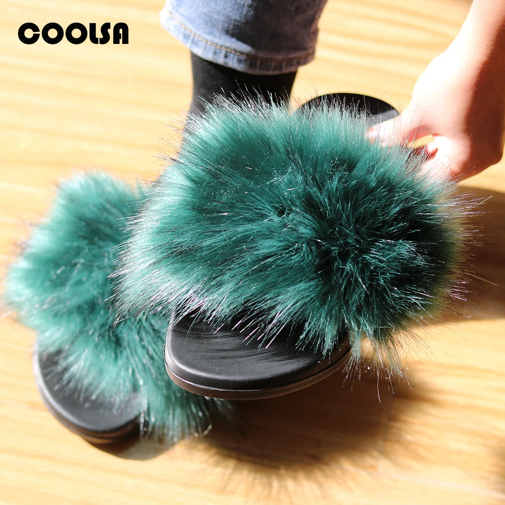 Шлепанцы женские с мехом енота искусственный мех сланцы плоская подошва