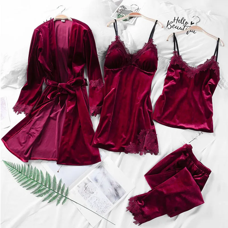 2019 новые пижамные комплекты одежда шелковый женский халат для сна 4 шт женская