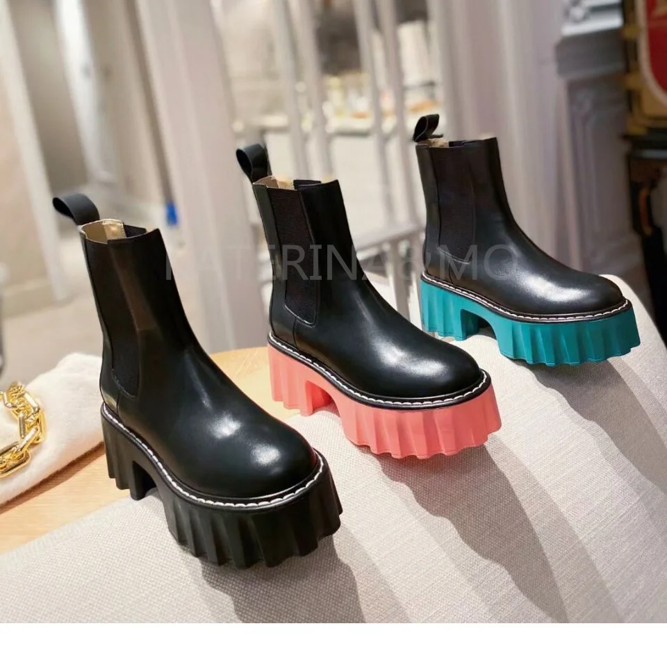 

KATERINA&MO Autumn Winter Genuine Leather Thick Bottom Boots Women Lace Up Mid Boots Fabric Stitching Stretch Fabric Design Boot