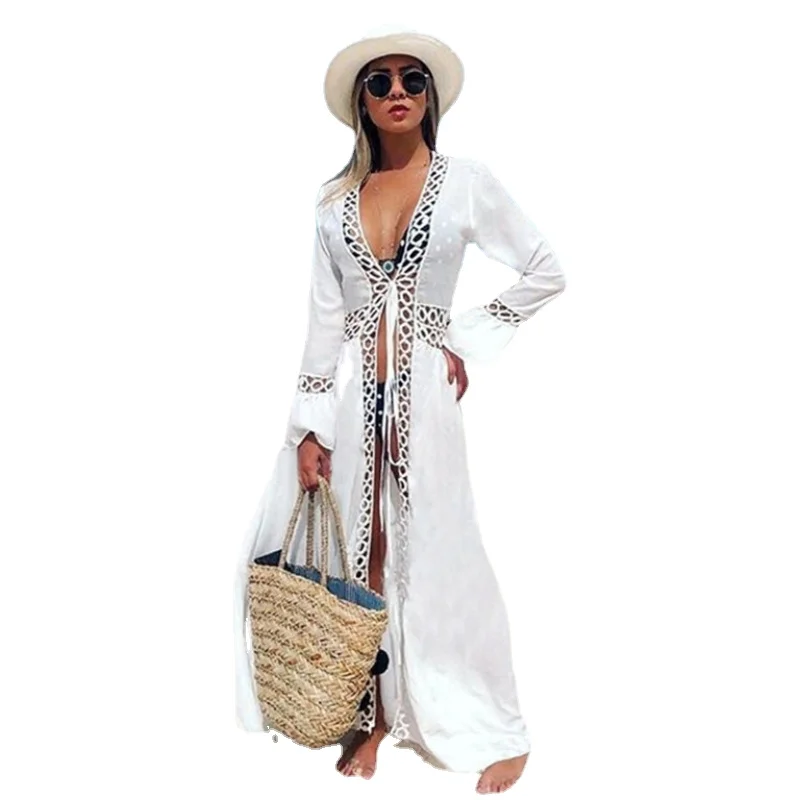 

2021 New Women Boho Casual Sexy Long Sleeve Hollow Out Solid Color Lace Up Beach Holiday Bathing White Bikini Cover Ups Cardigan
