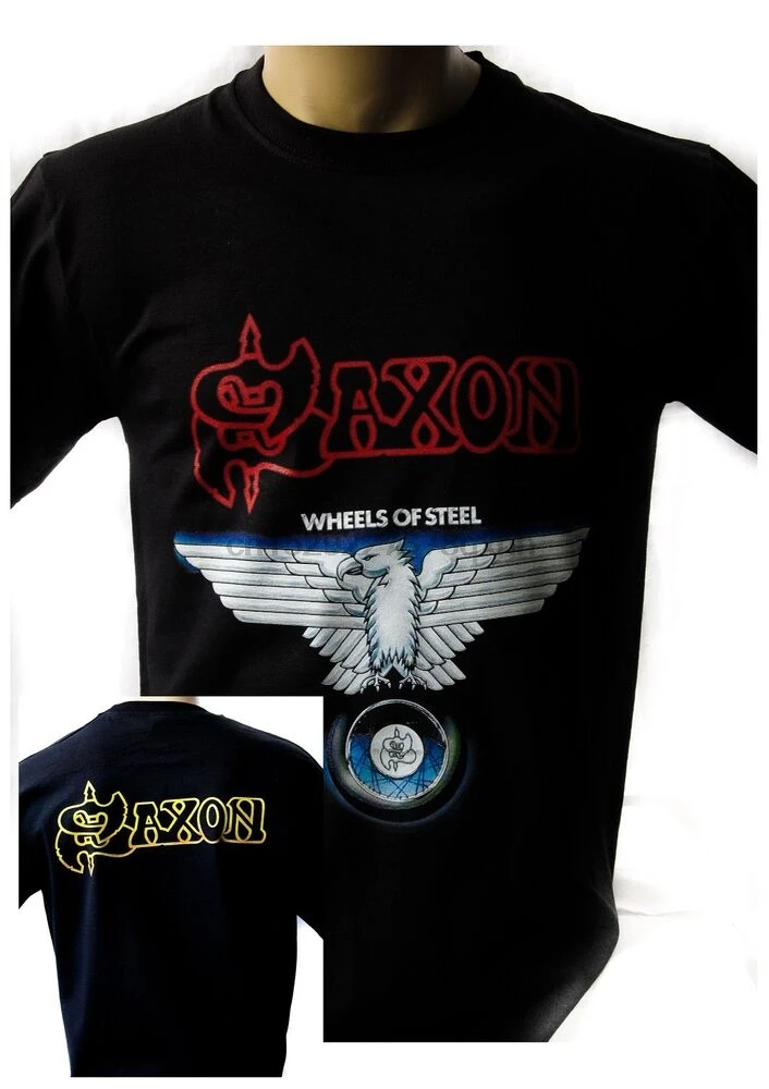 

Saxon Wheels Of Steel 1980 Black T-Shirt Men Shirt Rock Band Tee Music(1)