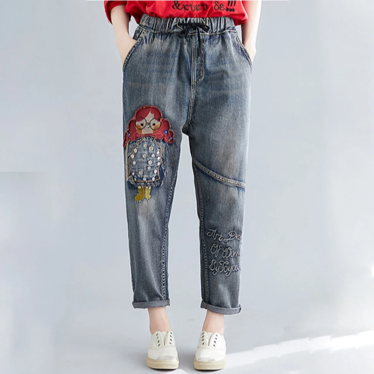 

Джинсы-бойфренды женские с высокой талией, хлопковые мешковатые брюки-султанки с вышивкой, винтажные рваные джинсы в уличном стиле, весна
