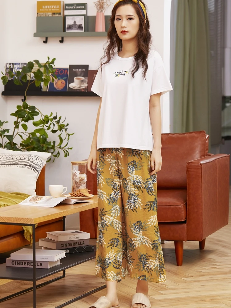 

Пижамный комплект Женский хлопковый с коротким рукавом, топ и штаны